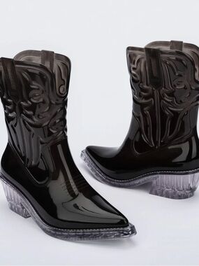 Melissa Black Patent Western Texas Cowboy Boots with Clear Block Heel